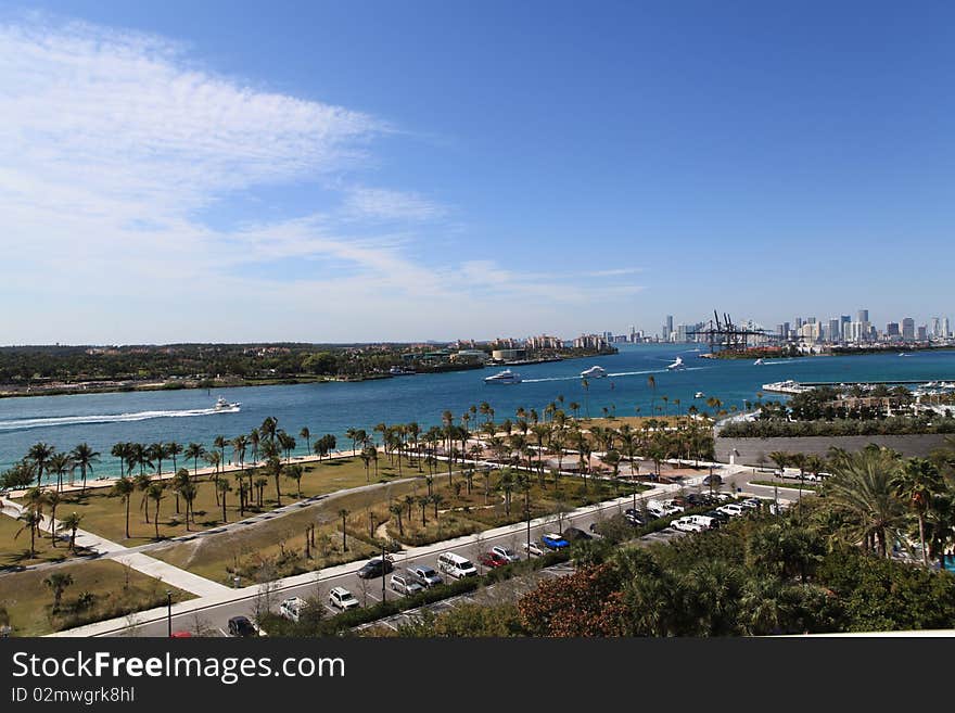 Aerial view of government cut waterway, South Point Park, and fisher Island,