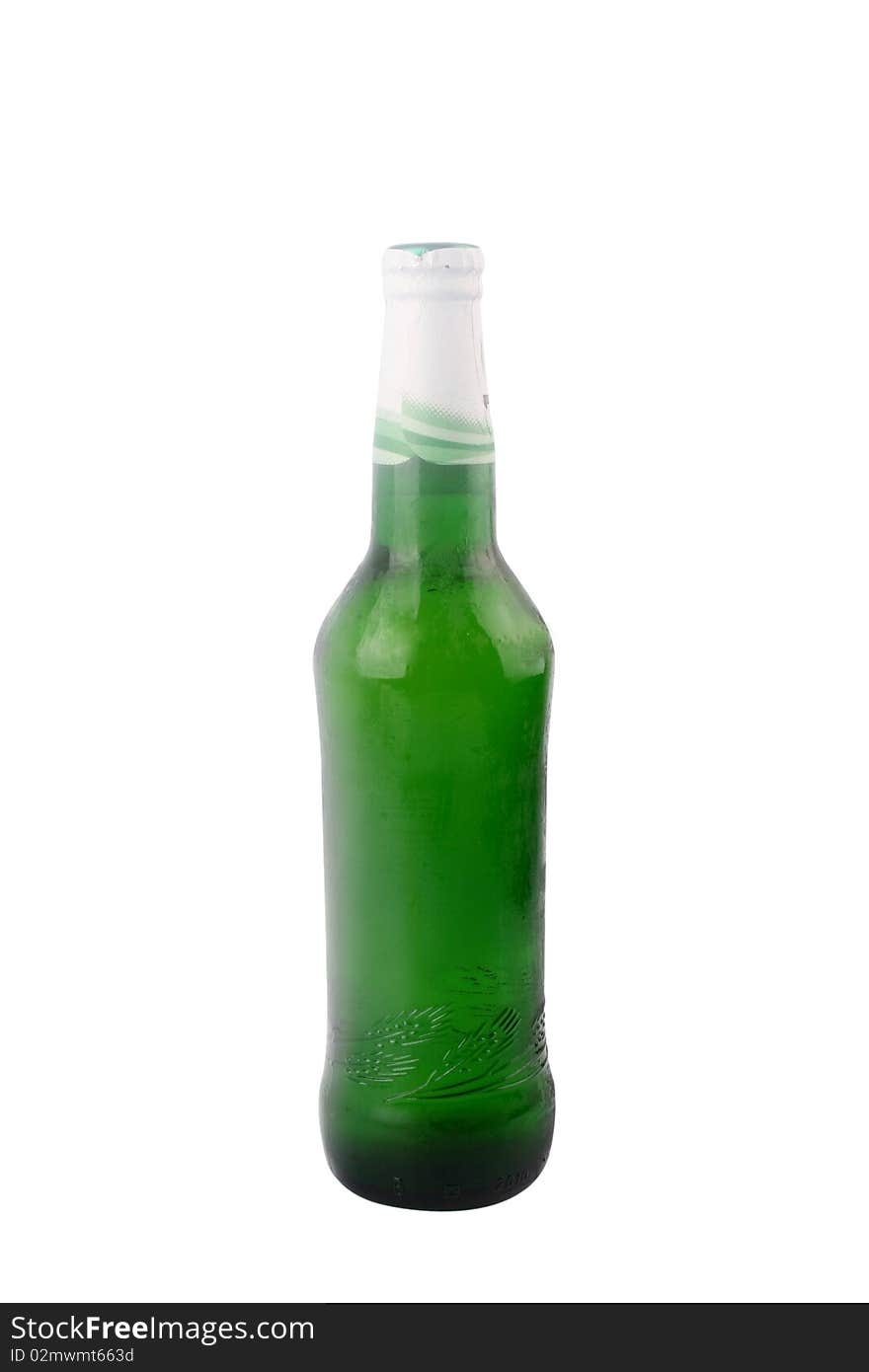 A bottle of beer is slanted with white background