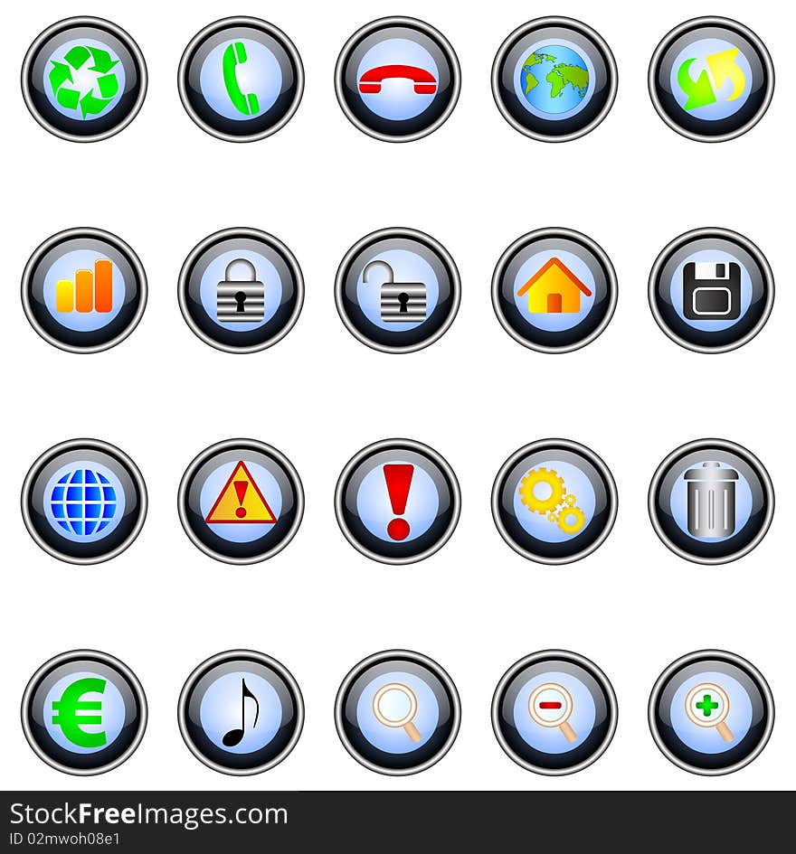 Illustration of different glass buttons over white background