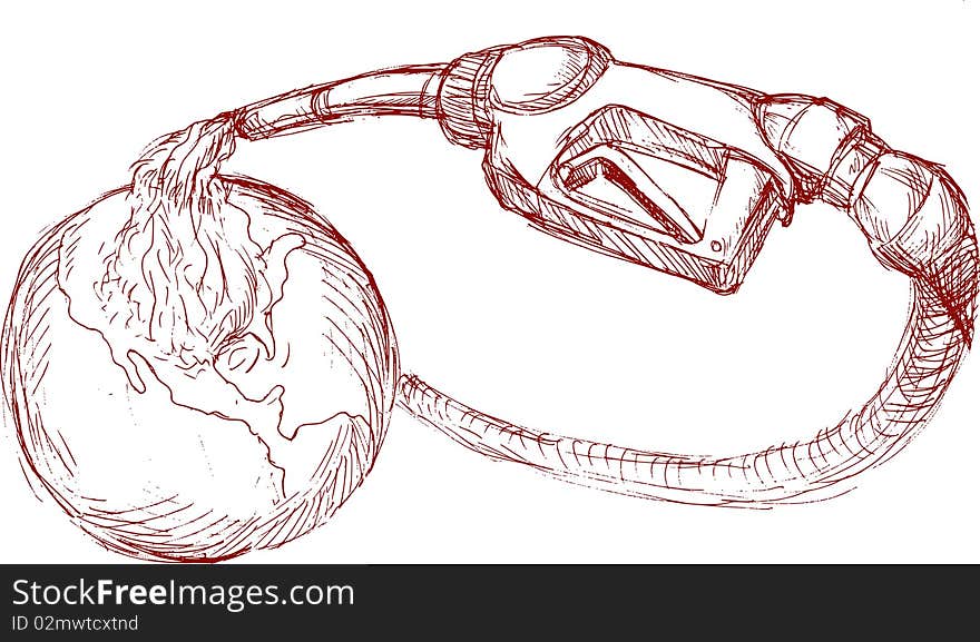 Hand drawn illustration of a Gasoline pump nozzle pouring oil over north america. Hand drawn illustration of a Gasoline pump nozzle pouring oil over north america.