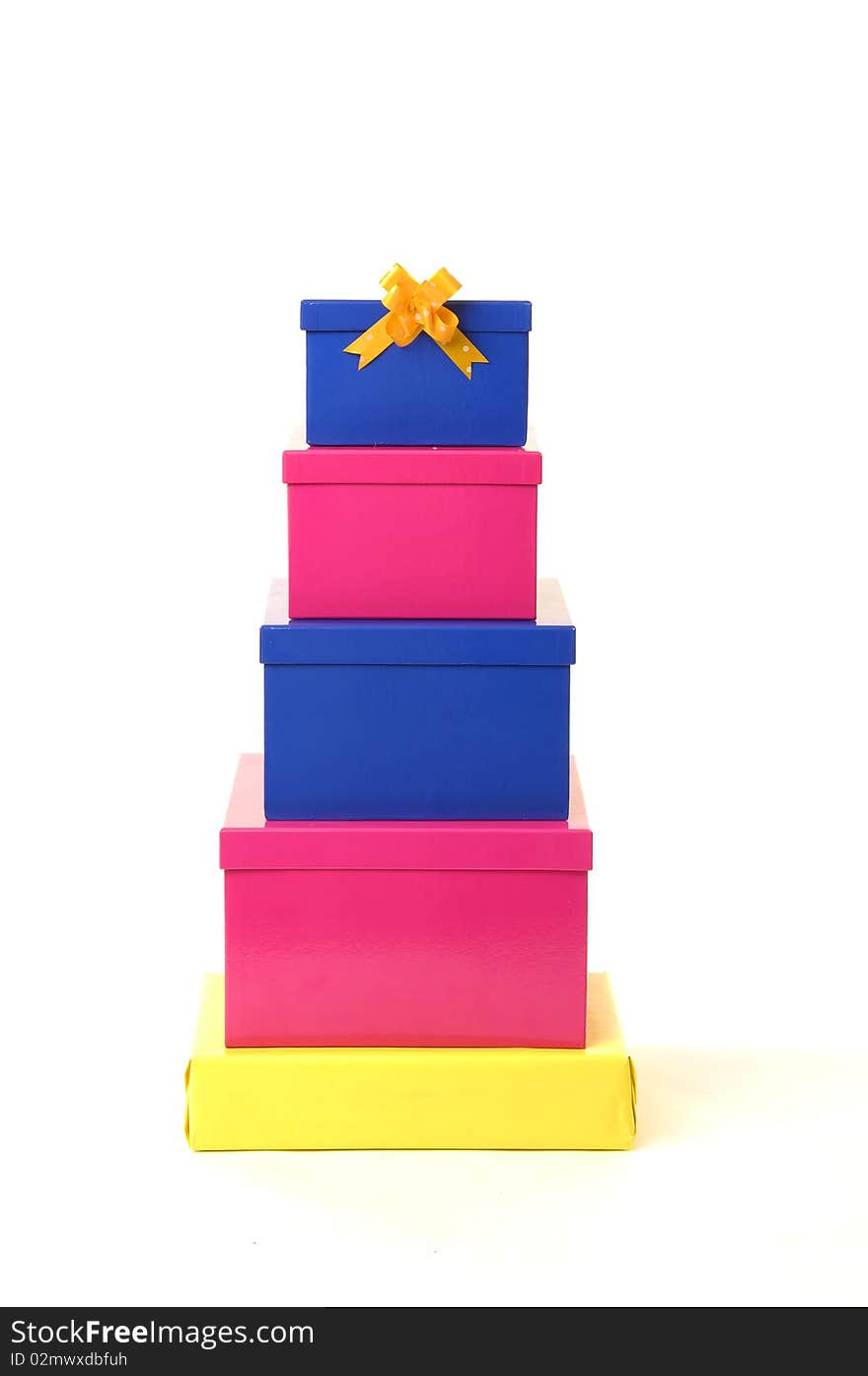 Stack of various gift boxes isolated on white