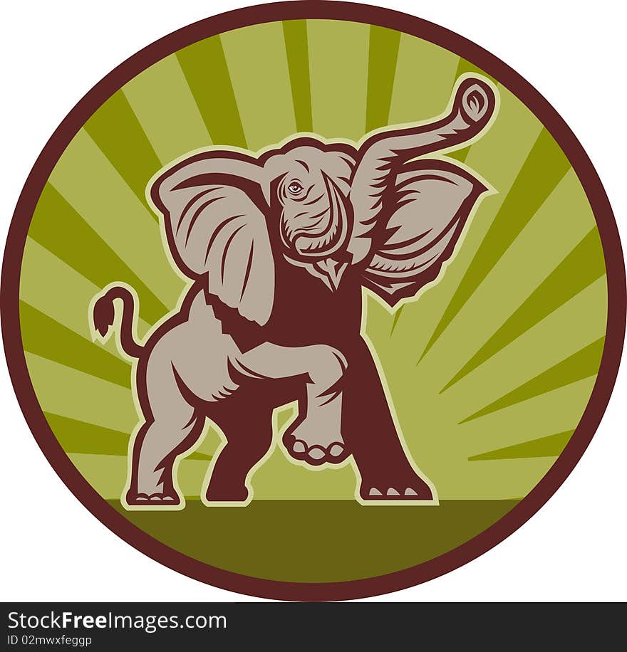 Illustration of an african elephant charging attacking set inside a circle