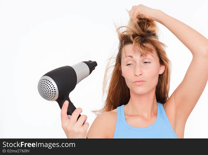 Hair blowing drying female beeing sad with hairs. Hair blowing drying female beeing sad with hairs