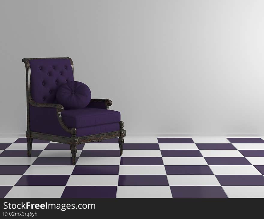 Classic violet sofa in the midle of the room, 3d render/illustration