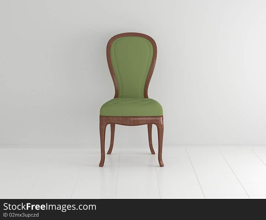 Classic green armchair in the midle of the room, 3d render/illustration