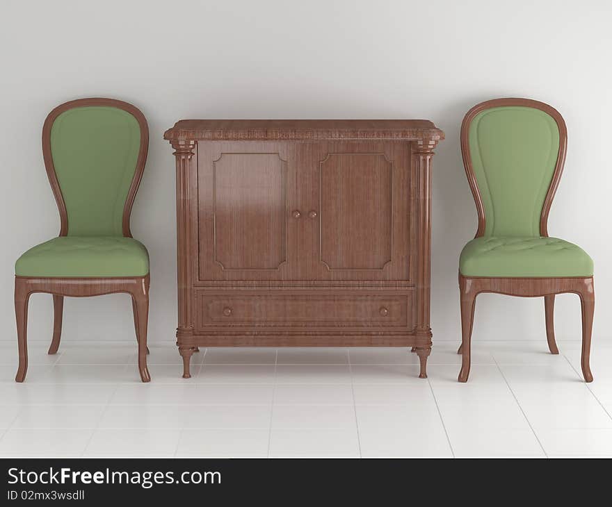 Classic green armchairs with locker  in the  white room, 3d render/illustration