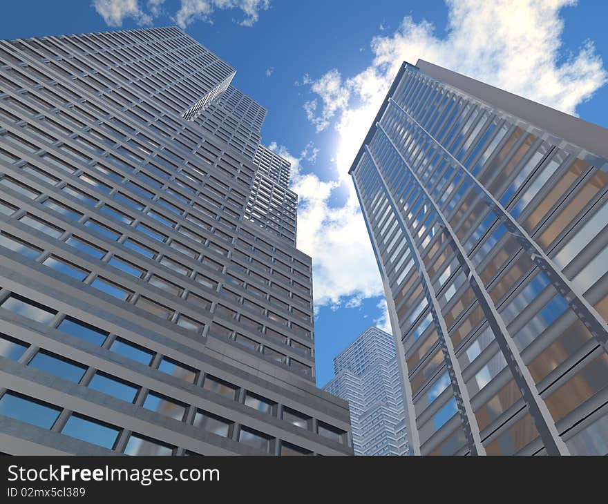 Two skyscrapers on background blue sky with white cloud. Two skyscrapers on background blue sky with white cloud