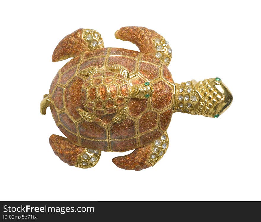 Decorative mother turtle and son on her back. Upper view. Isolated on white background. Decorative mother turtle and son on her back. Upper view. Isolated on white background