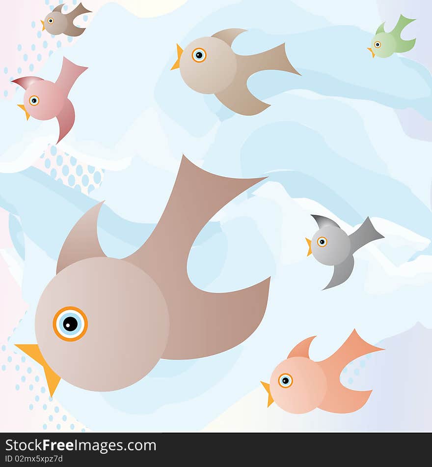 Baby birds learn to fly. Vector illustration.