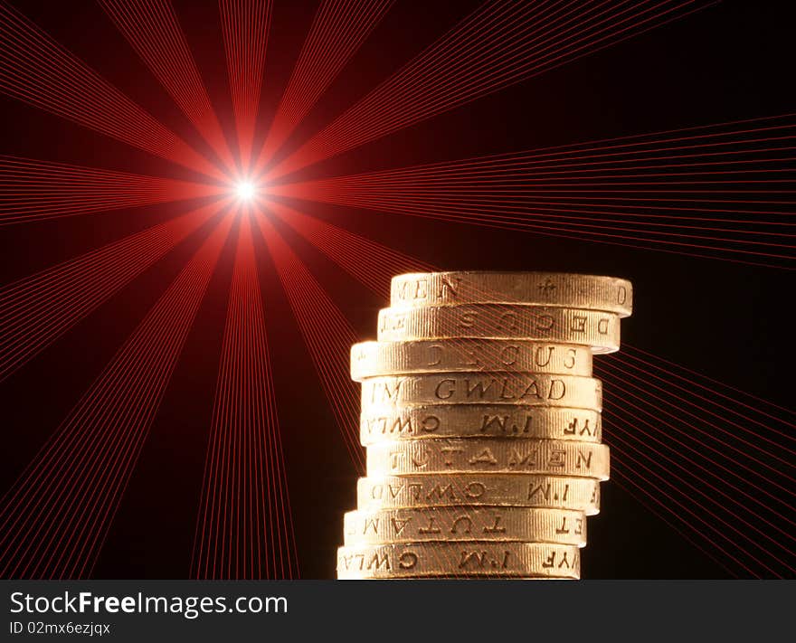 Stack of coins with red flare effect