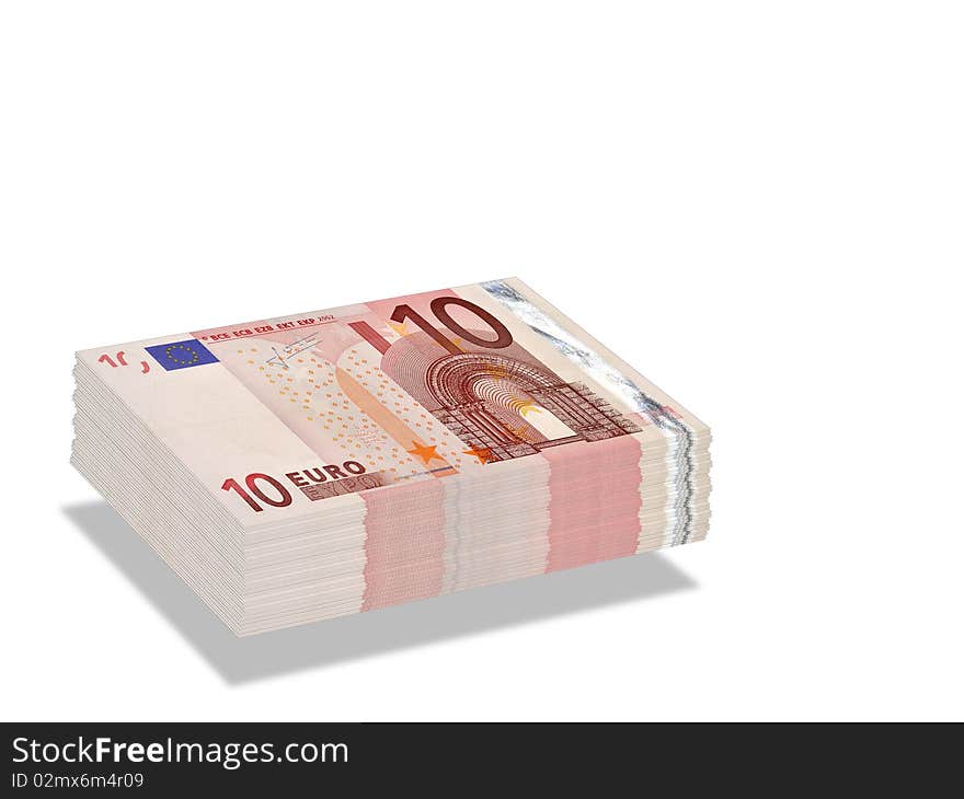 Stack of Ten Euro banknotes floating over white background. Stack of Ten Euro banknotes floating over white background