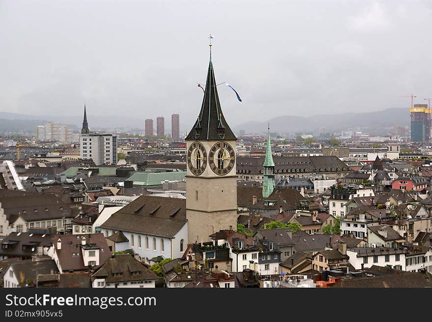 Switzerland, Zurich, view of the city on a foggy spring weather