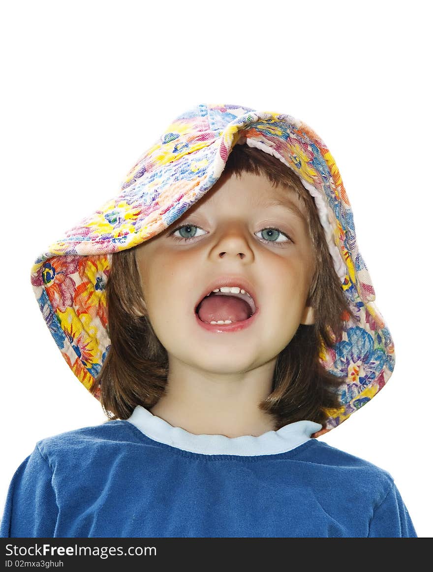 Tree years old girl with hat , isolated on white