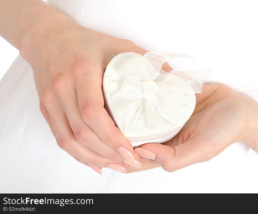 Beautiful  woman hands with present box