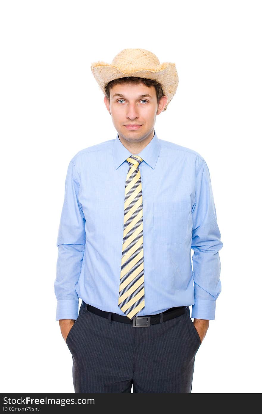 Businessman wears summer hat, isolated on white