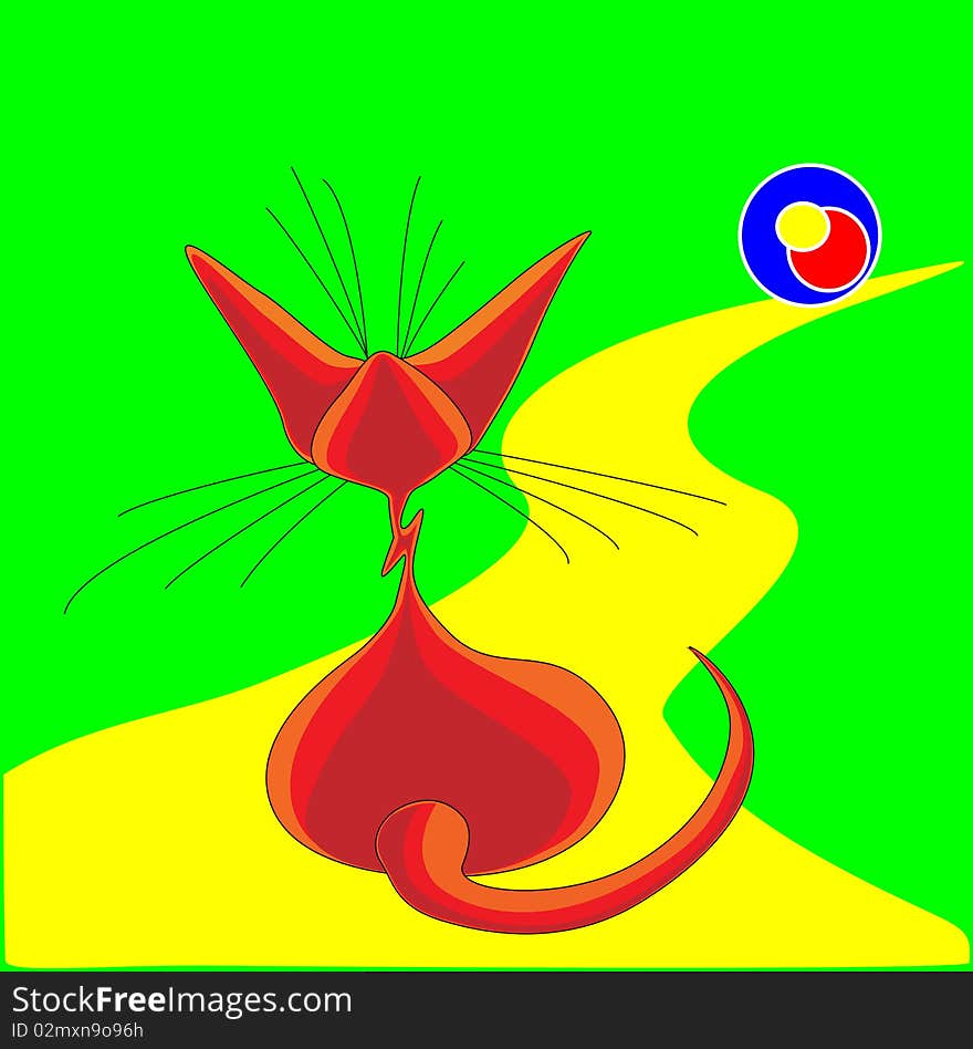 Cat sitting, sphinx purebred, pet, looks at the ball, watching the ball, the yellow trail, the road runs, a cat red, green grass, the ball color, long whiskers and tail, big ears