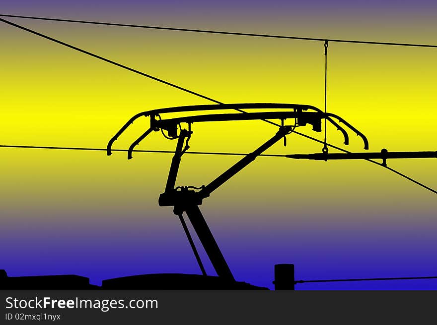 Contact wires modern electrified railway, isolated on colorful background