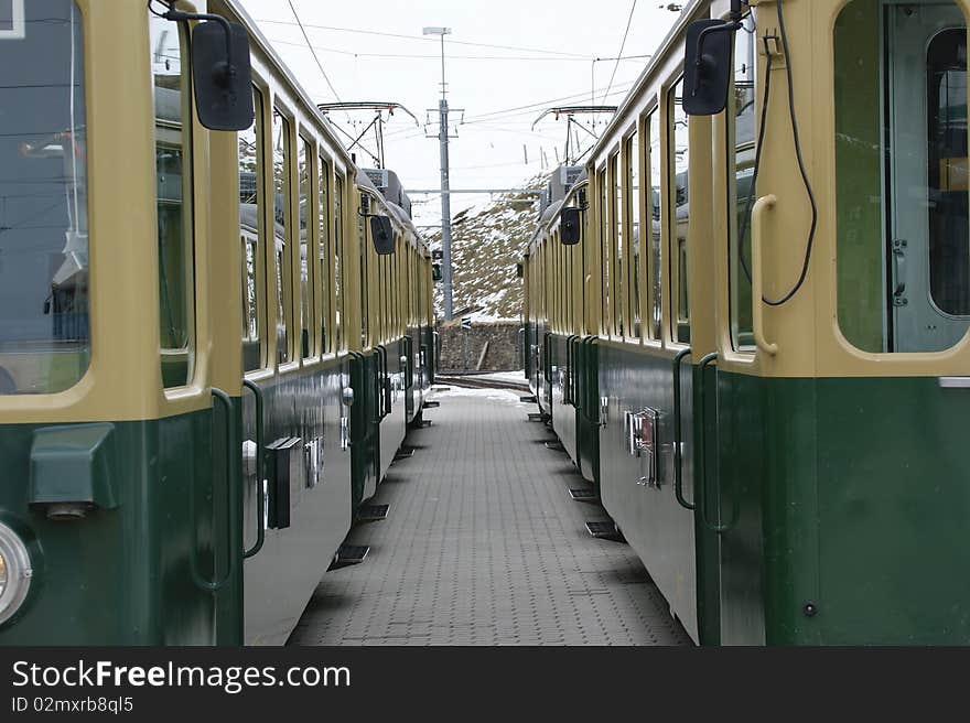 Railway platform with two standing train