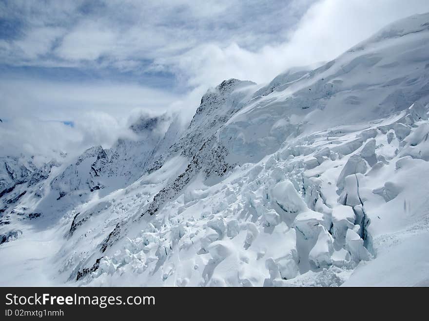 Snow mountains in cloudy weather