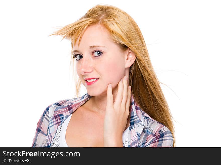 Young happy blond female, portrait, isolated