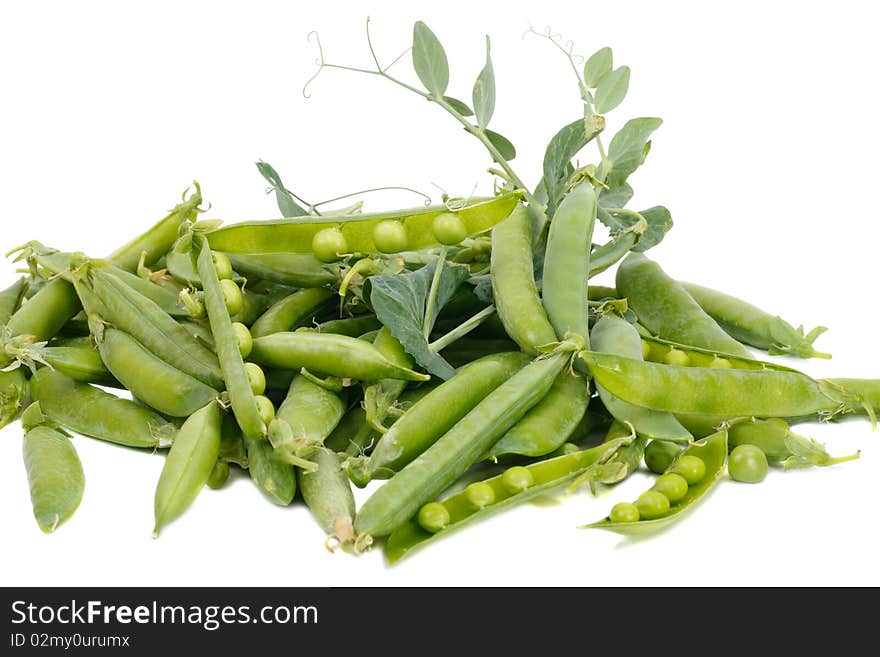 Fresh green pea in the pod isolated on white background. Soft shadow