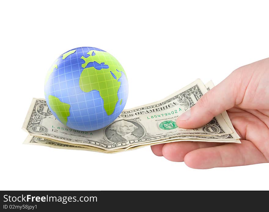 Holding money in hand with earth planet globe. Holding money in hand with earth planet globe