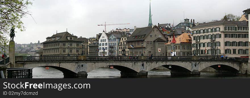 Switzerland, Zurich, panoramic view of the city on a foggy spring weather