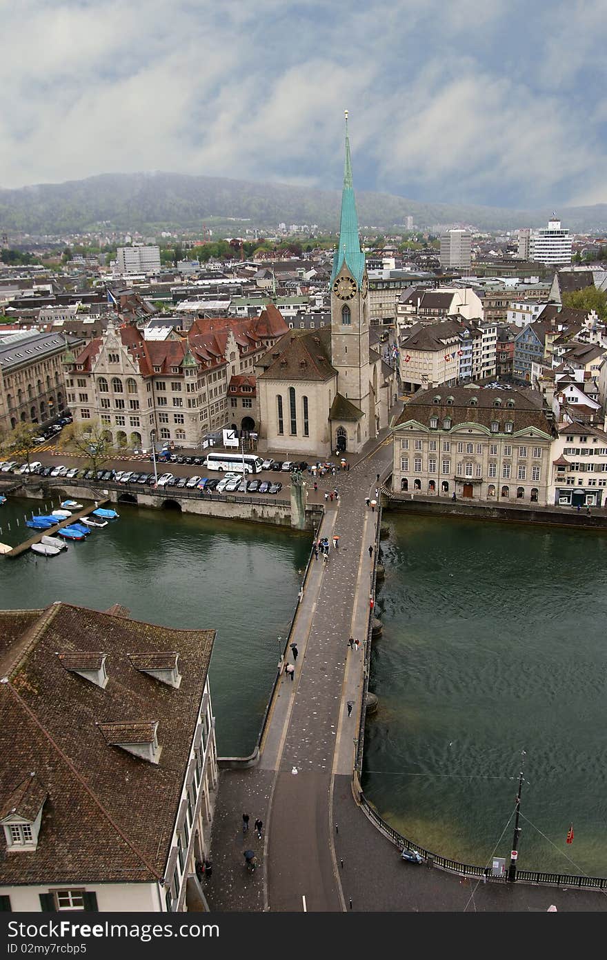 Switzerland, Zurich, view of the city on a foggy spring weather