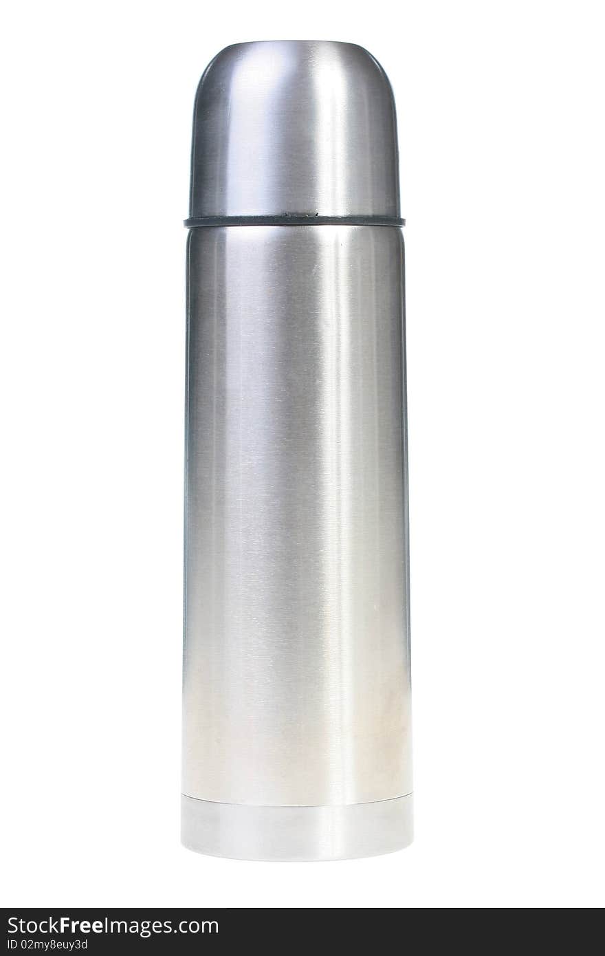 Metal thermos for preservation of a hot or cold liquid on a white background.