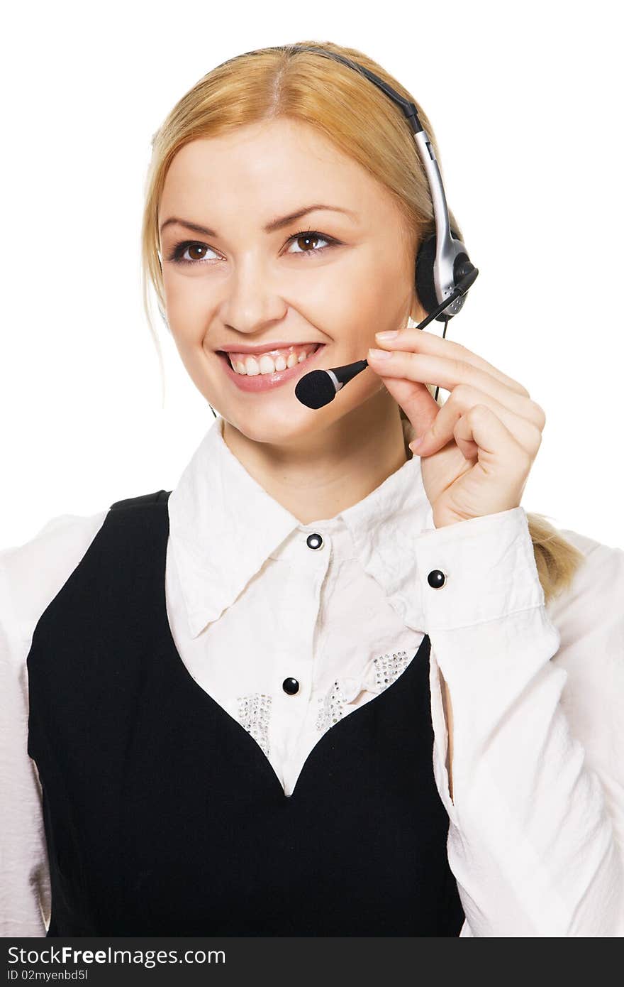 Cheerful professional call center operator, white background. Cheerful professional call center operator, white background