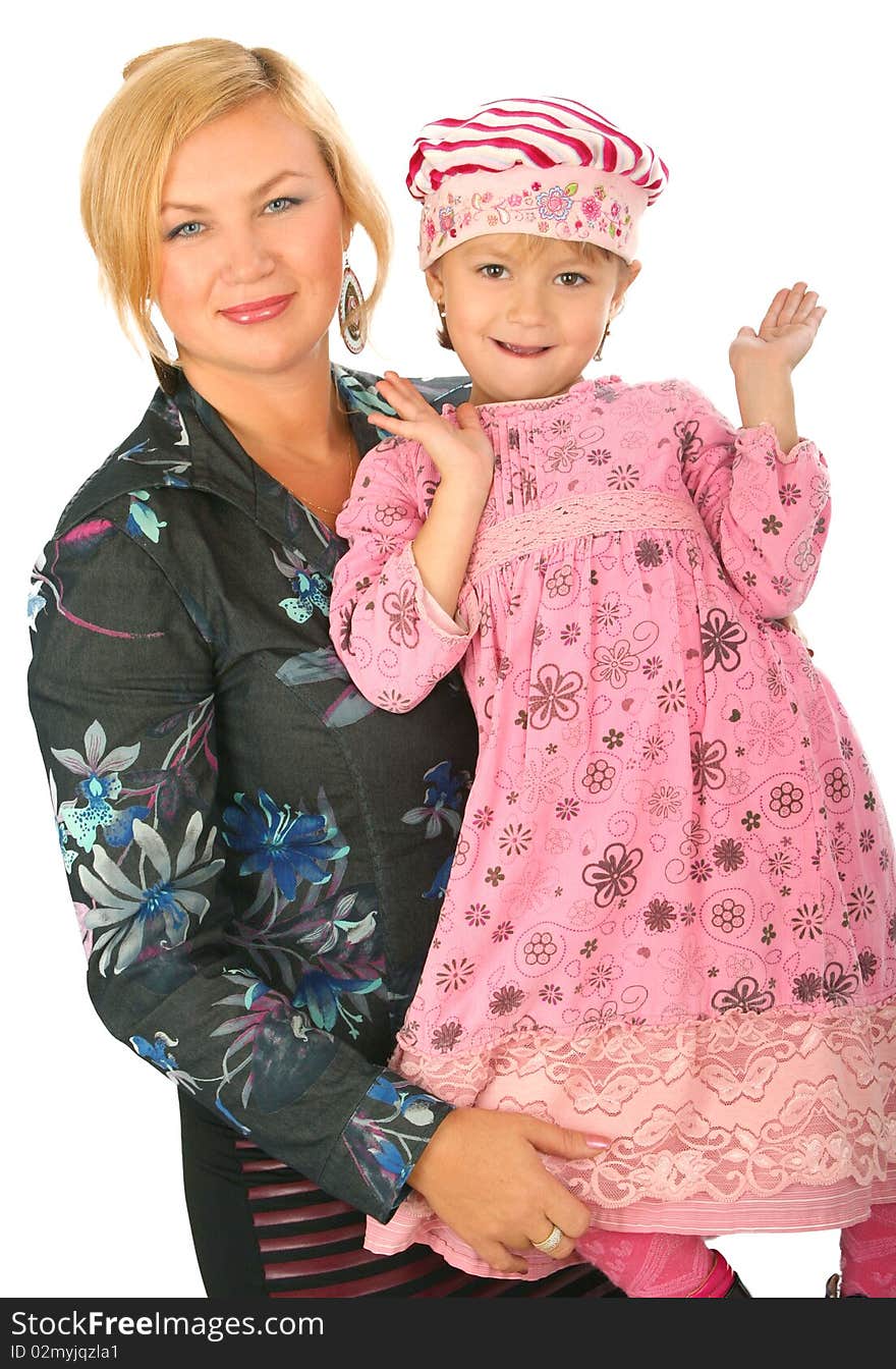 Mother with little daughter on white background