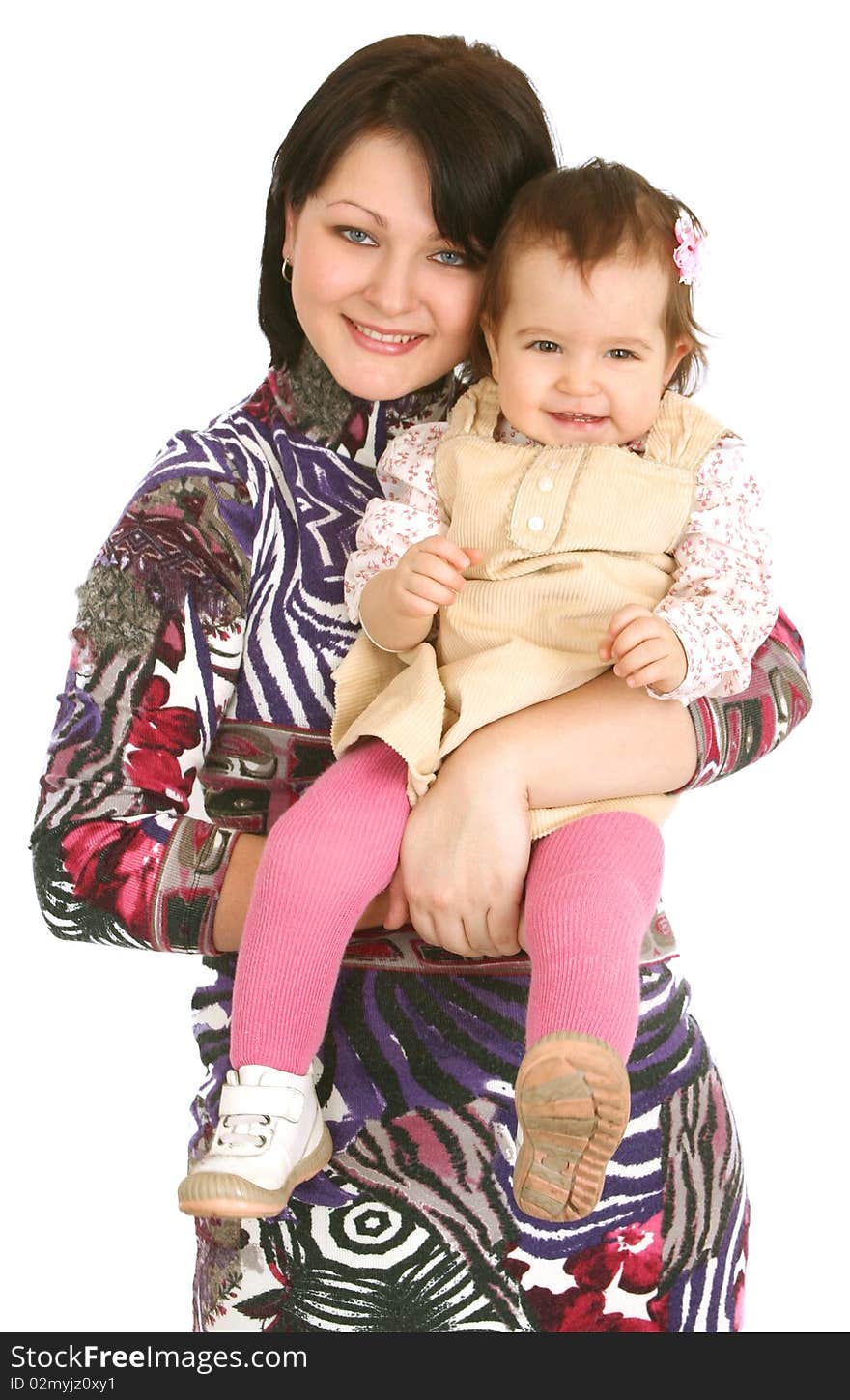 Happy mother with little daughter on white background