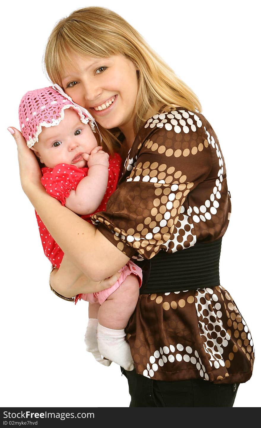 Happy mother with little daughter on white background