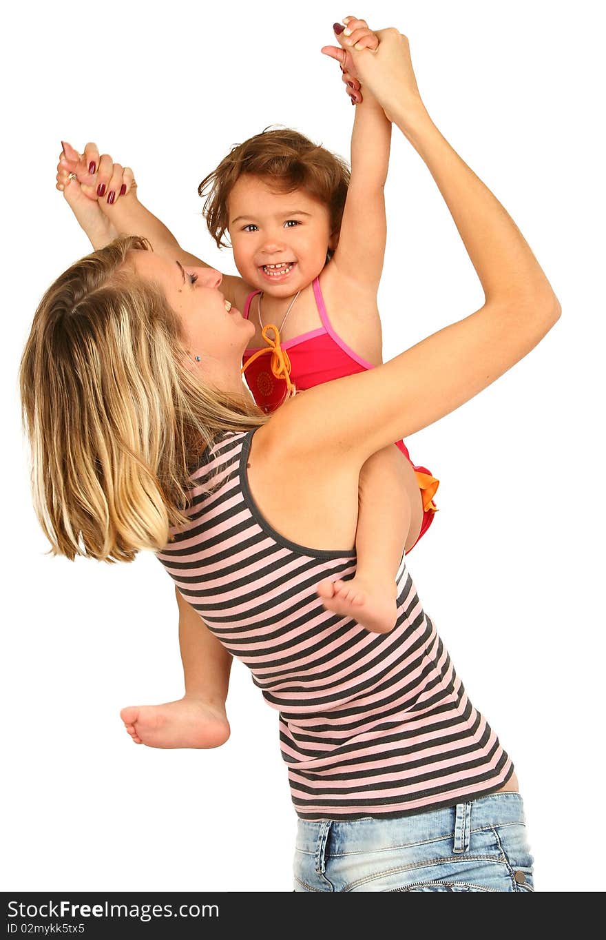 Young  mother with baby girl on white background