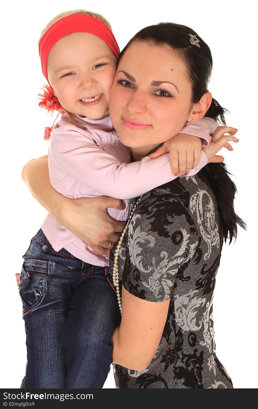 Happy mother with little daughter on white background