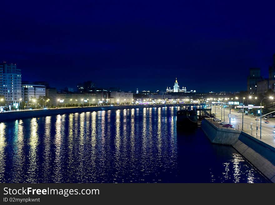 View on Moscow from the bridge at night