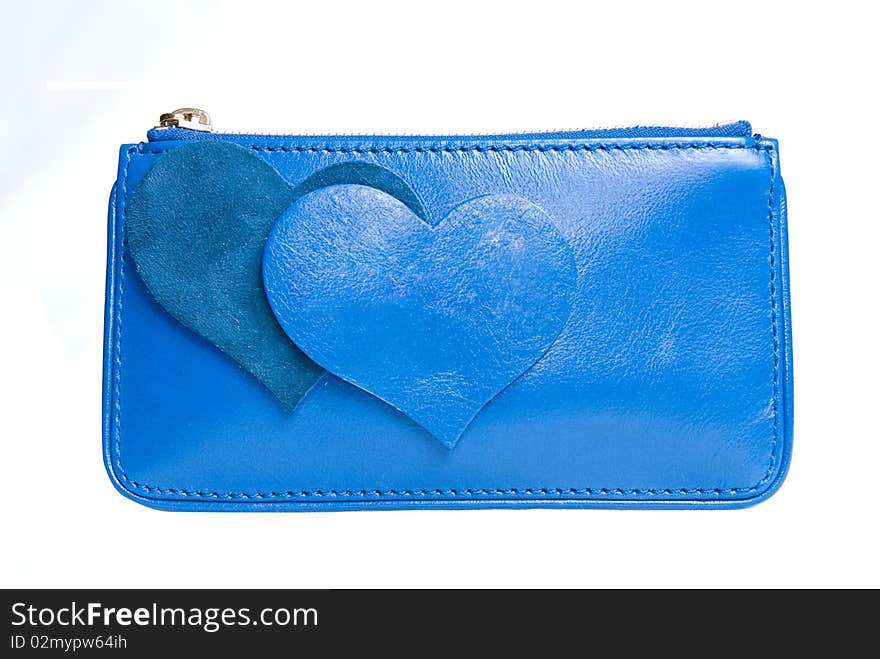 Blue Leather Purse With Hearts Isolated On White