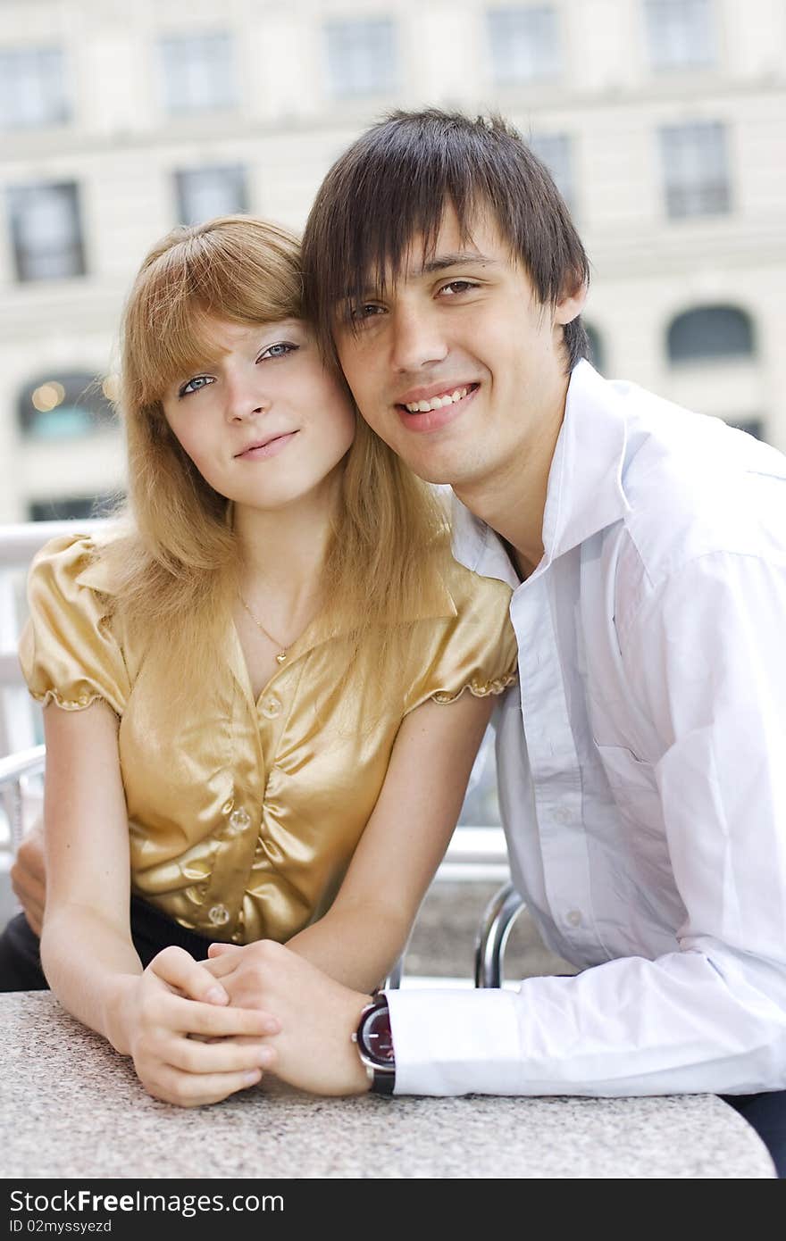 Portrait of lovely couple in cafe