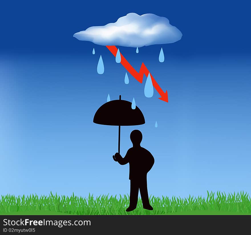 Silhouette of the man under an umbrella and a thundershower. Silhouette of the man under an umbrella and a thundershower