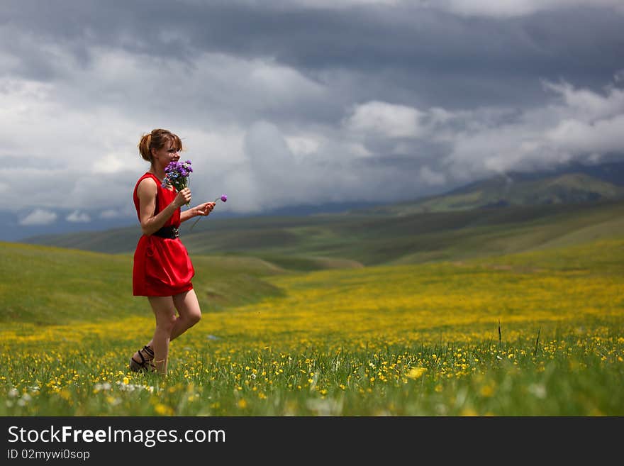 Beautiful mountain landscape with the girl. Beautiful mountain landscape with the girl