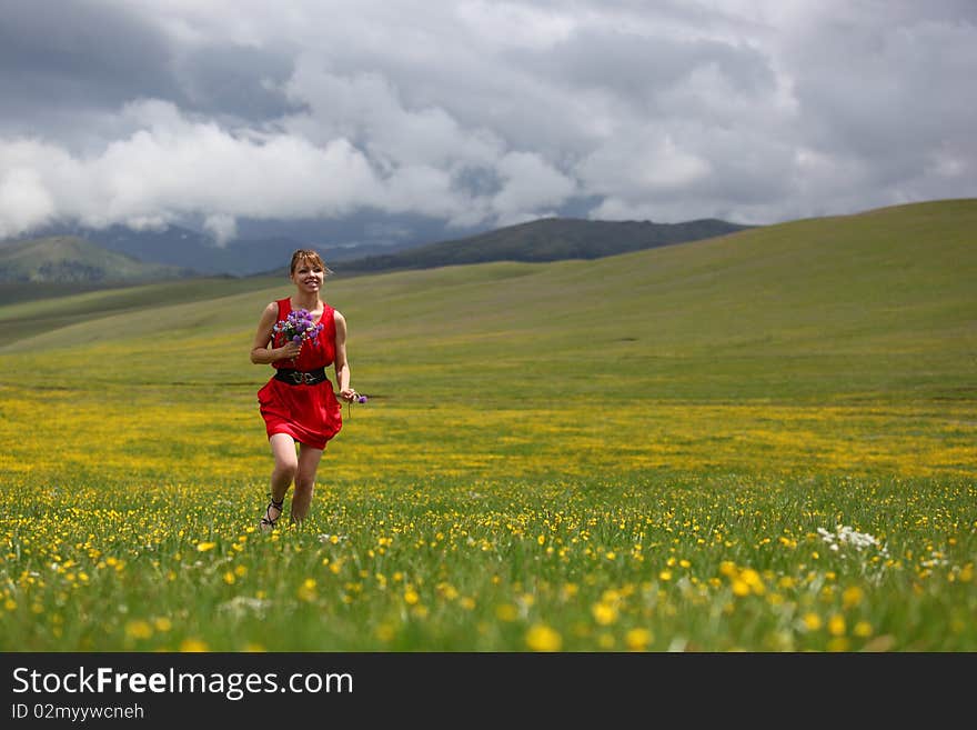 Beautiful mountain landscape with the girl. Beautiful mountain landscape with the girl