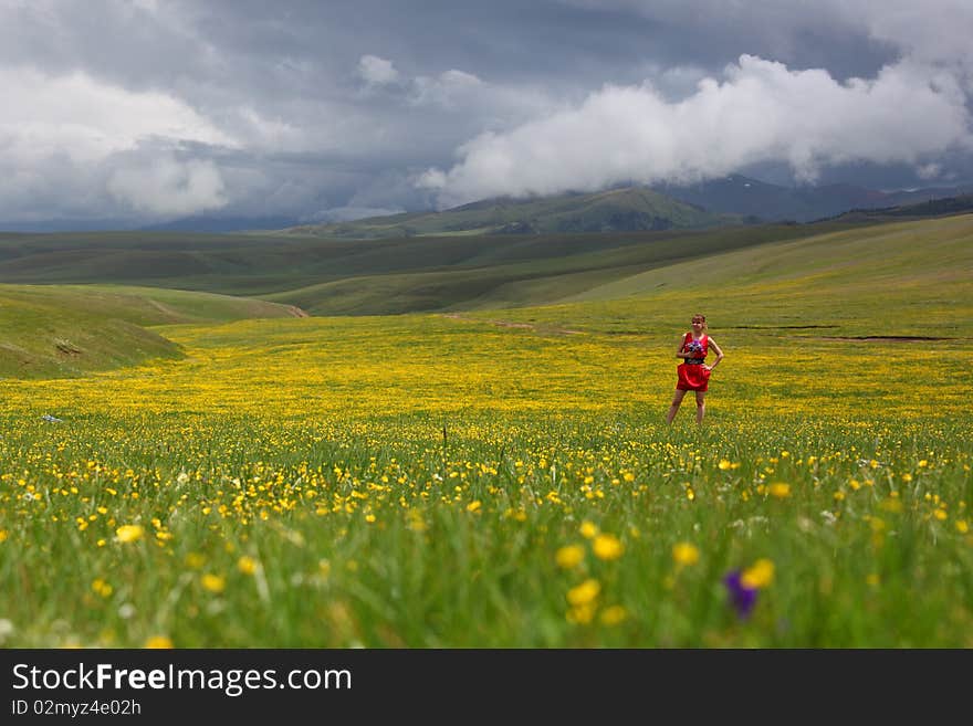 Beautiful mountain landscape with the girl. Beautiful mountain landscape with the girl