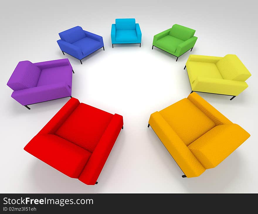 Seven colorful chairs stand against the white background.