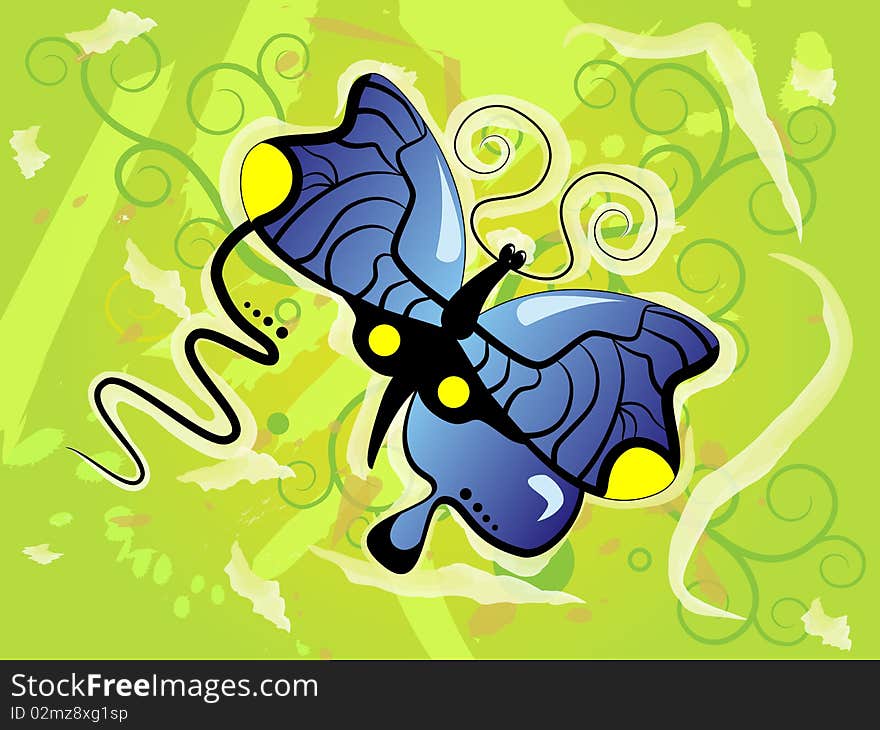 Vector picture of blue butterfly on green background