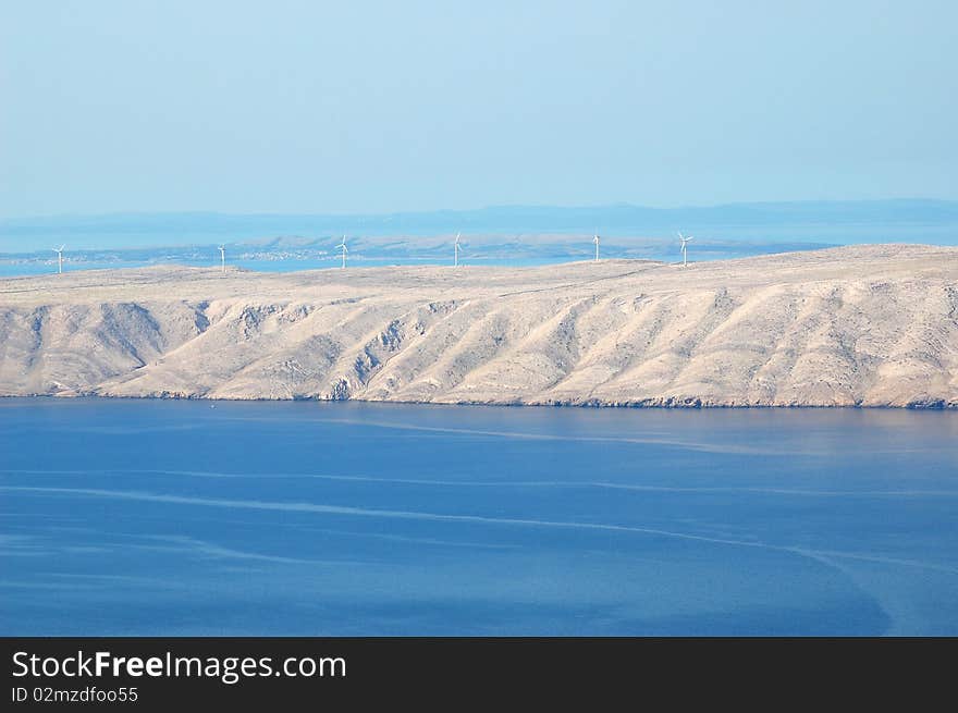 Wind turbines on Pag island in Croatia