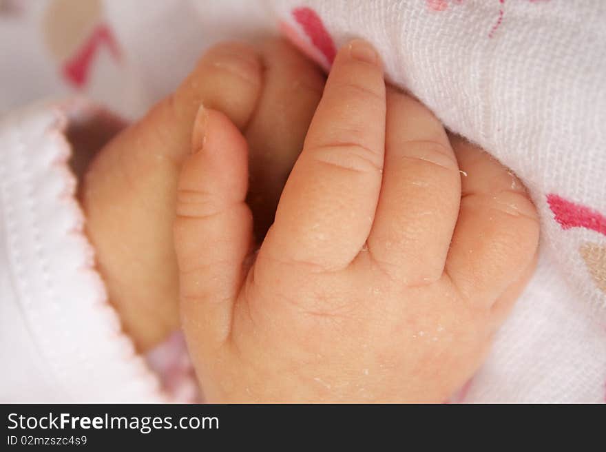 This close-up of a three week old infant, has her wrinkled hands clasped together. This close-up of a three week old infant, has her wrinkled hands clasped together.