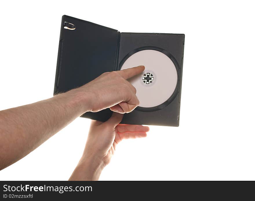 Men's hand holding DVD CD disc on white background isolated