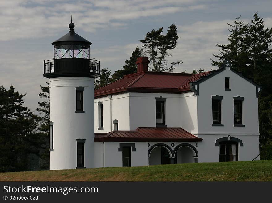 The historic Admiralty Head Lighthouse in Fort Casey on Whidbey Island, Washington state.