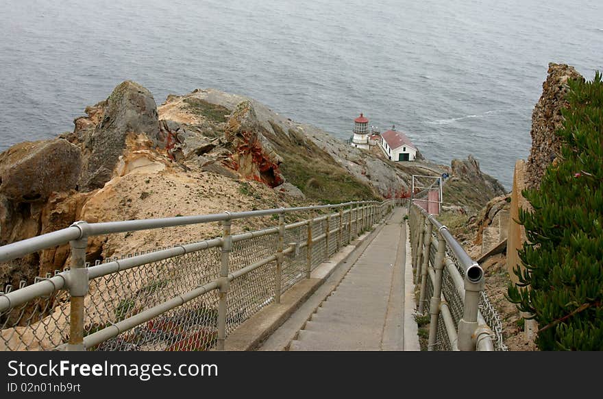 A long descent awaits visitors to the historic Point Reyes Lighthouse in California at the Point Reyes National Seashore. A long descent awaits visitors to the historic Point Reyes Lighthouse in California at the Point Reyes National Seashore