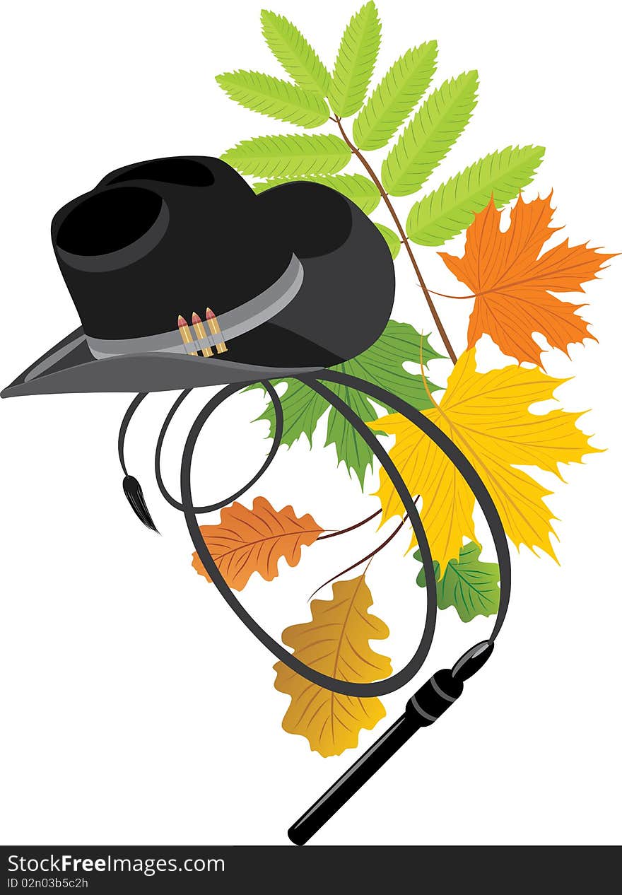 Cowboy hat and whip on the autumn background. Illustration